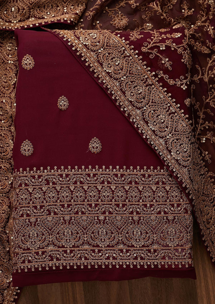 Wine Threadwork Georgette Unstitched Salwar Suit - Koskii