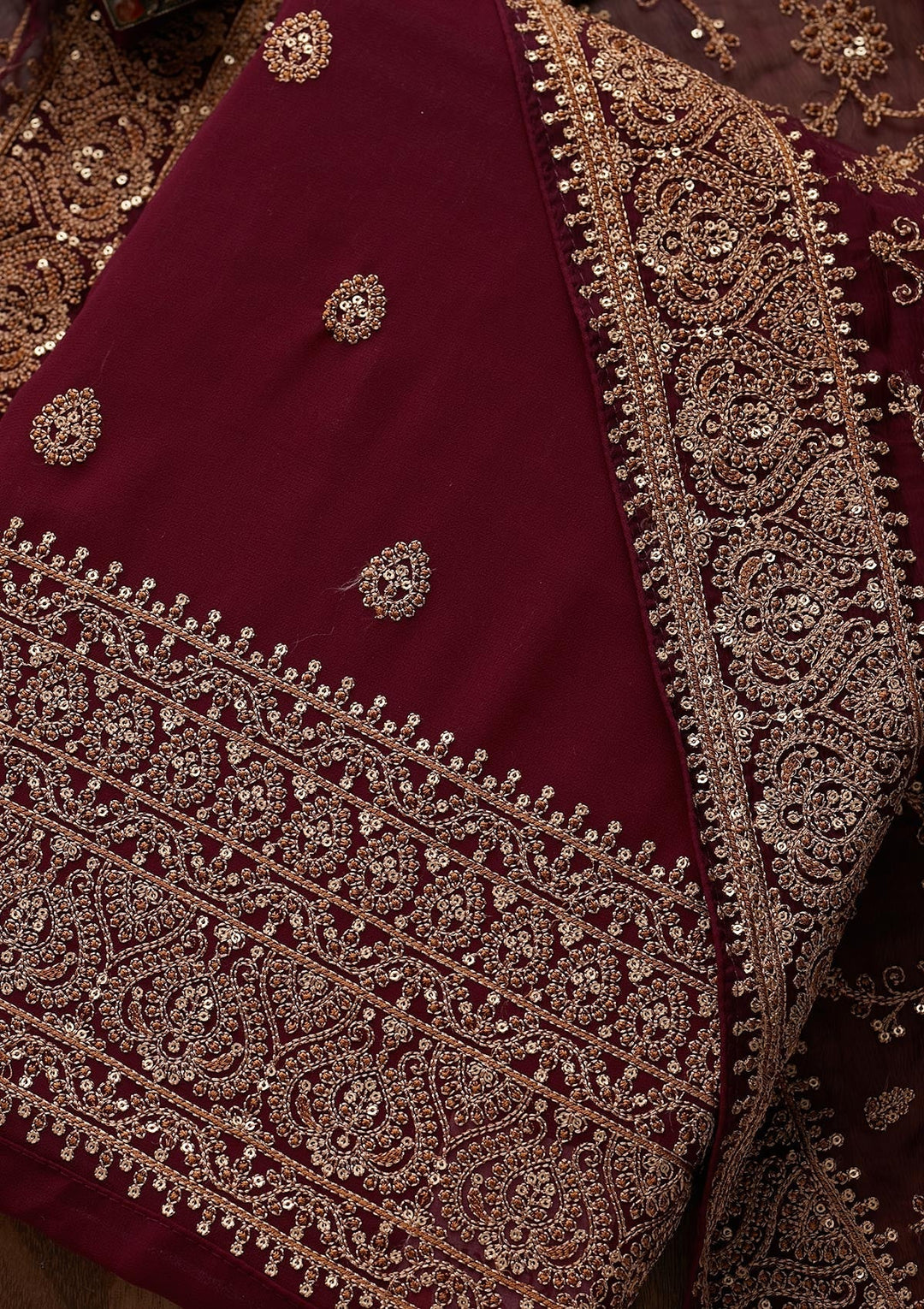 Wine Threadwork Georgette Unstitched Salwar Suit - Koskii