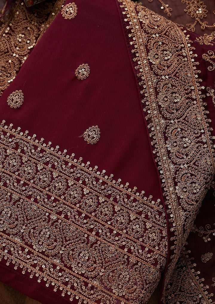 Wine Threadwork Georgette Unstitched Salwar Suit - Koskii