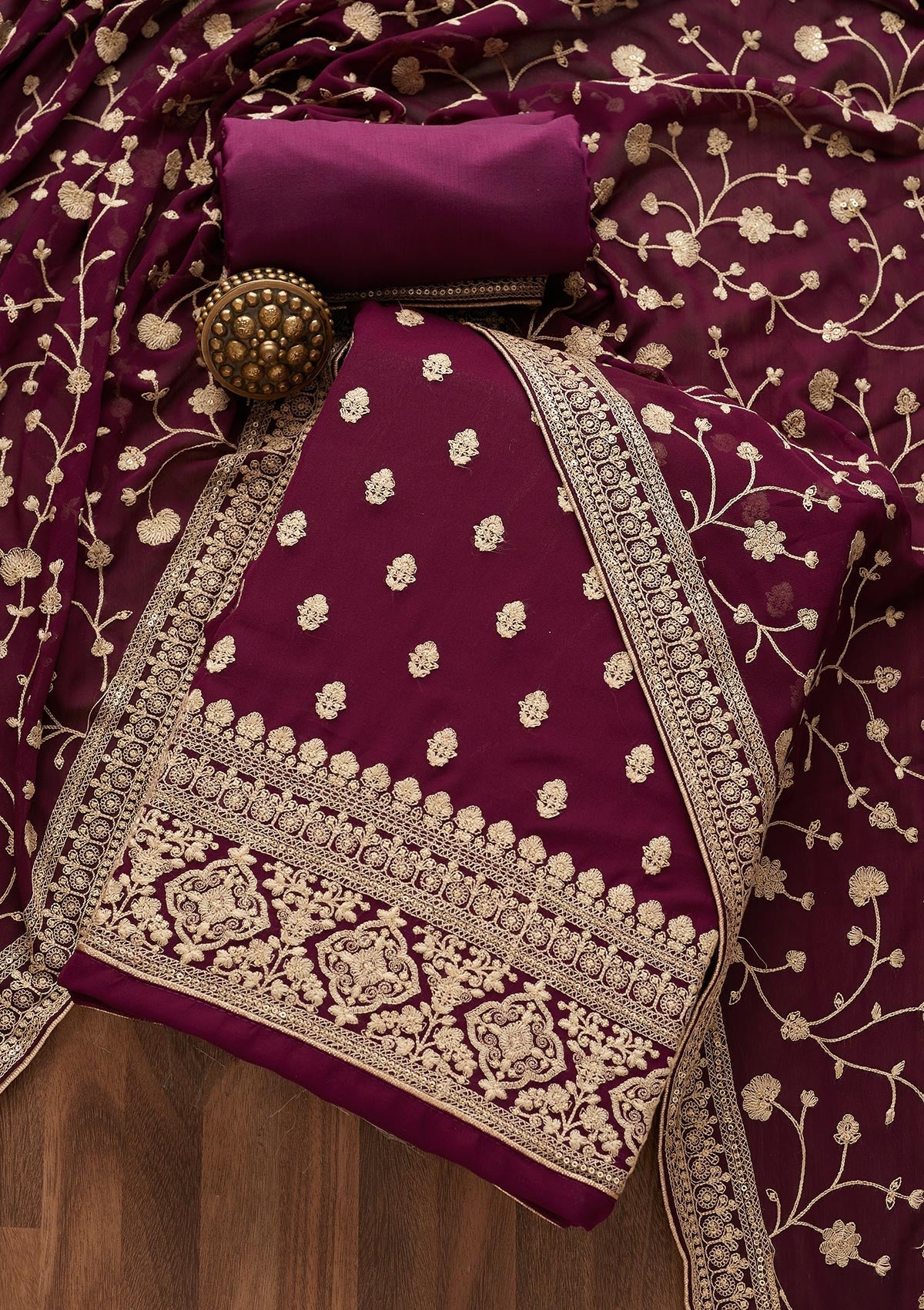 Wine Threadwork Georgette  Unstitched Salwar Suit- Koskii