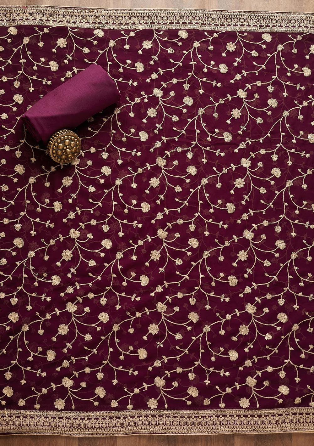 Wine Threadwork Georgette  Unstitched Salwar Suit - Koskii