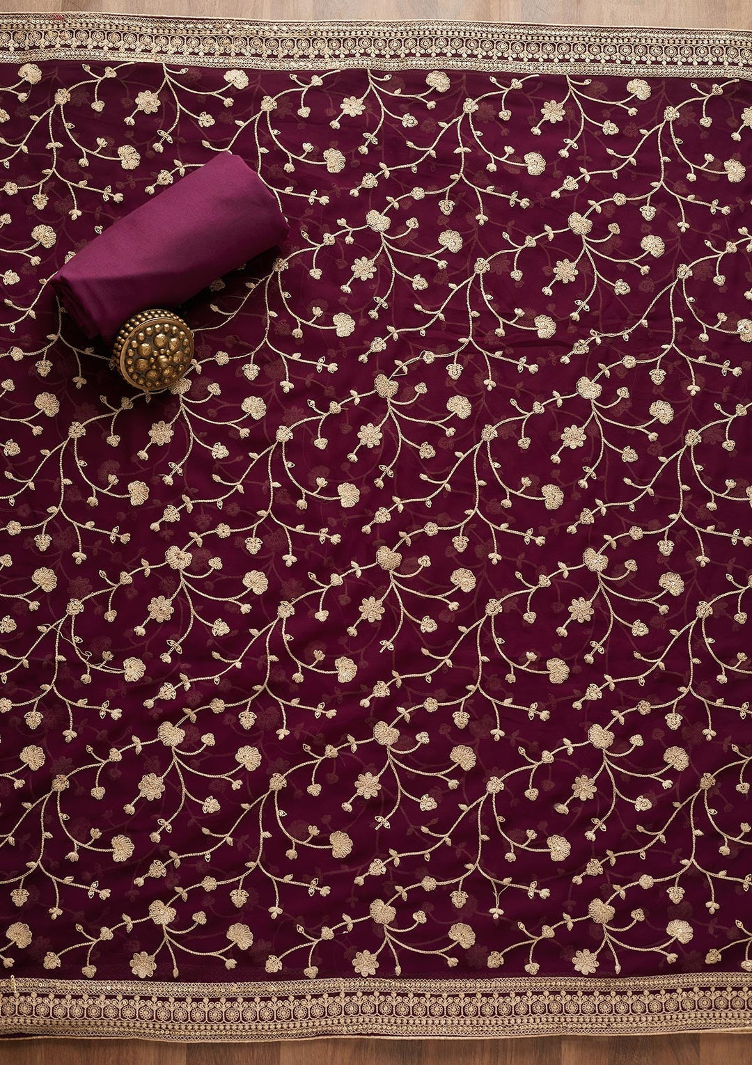 Wine Threadwork Georgette  Unstitched Salwar Suit - Koskii