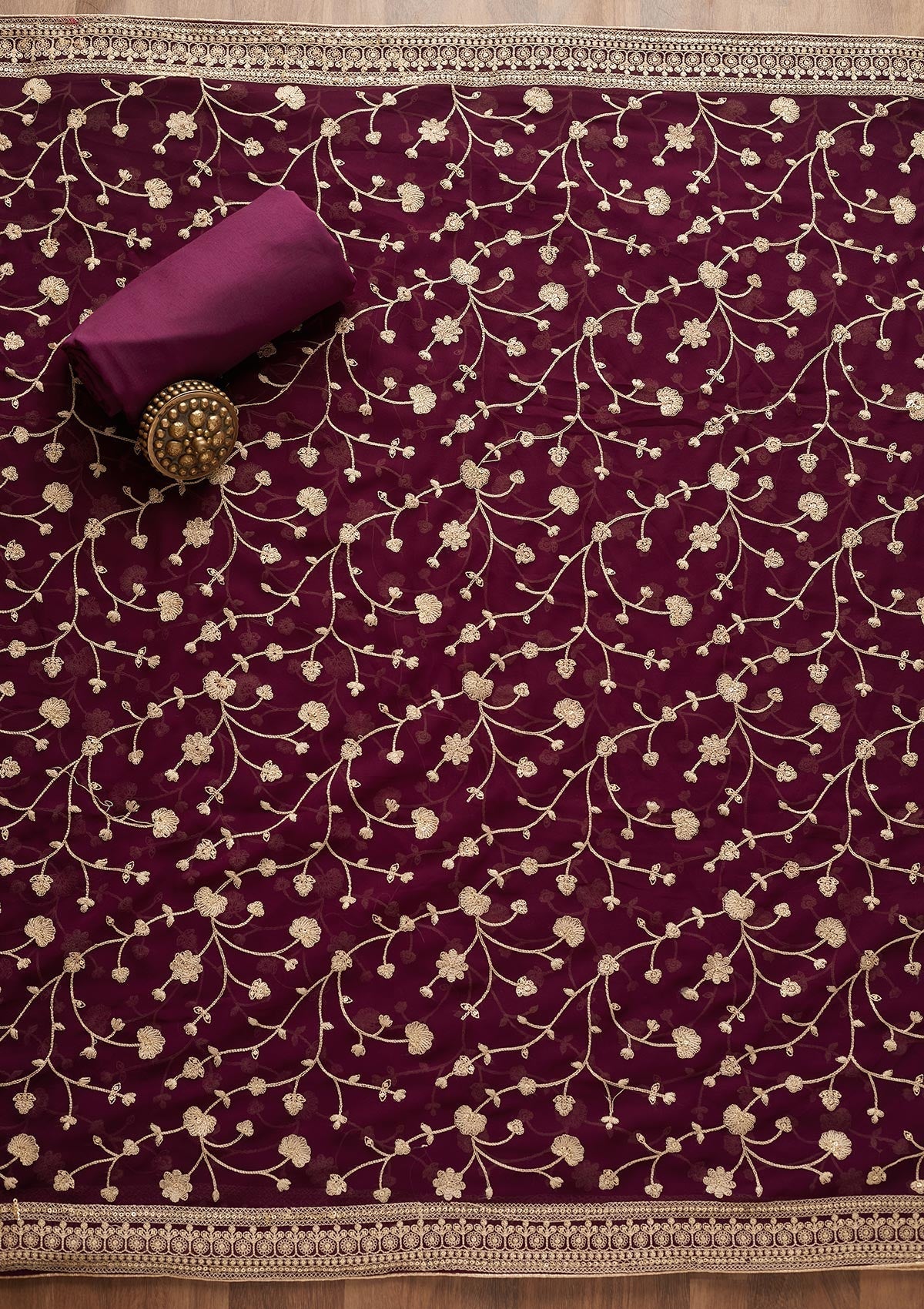 Wine Threadwork Georgette  Unstitched Salwar Suit - Koskii