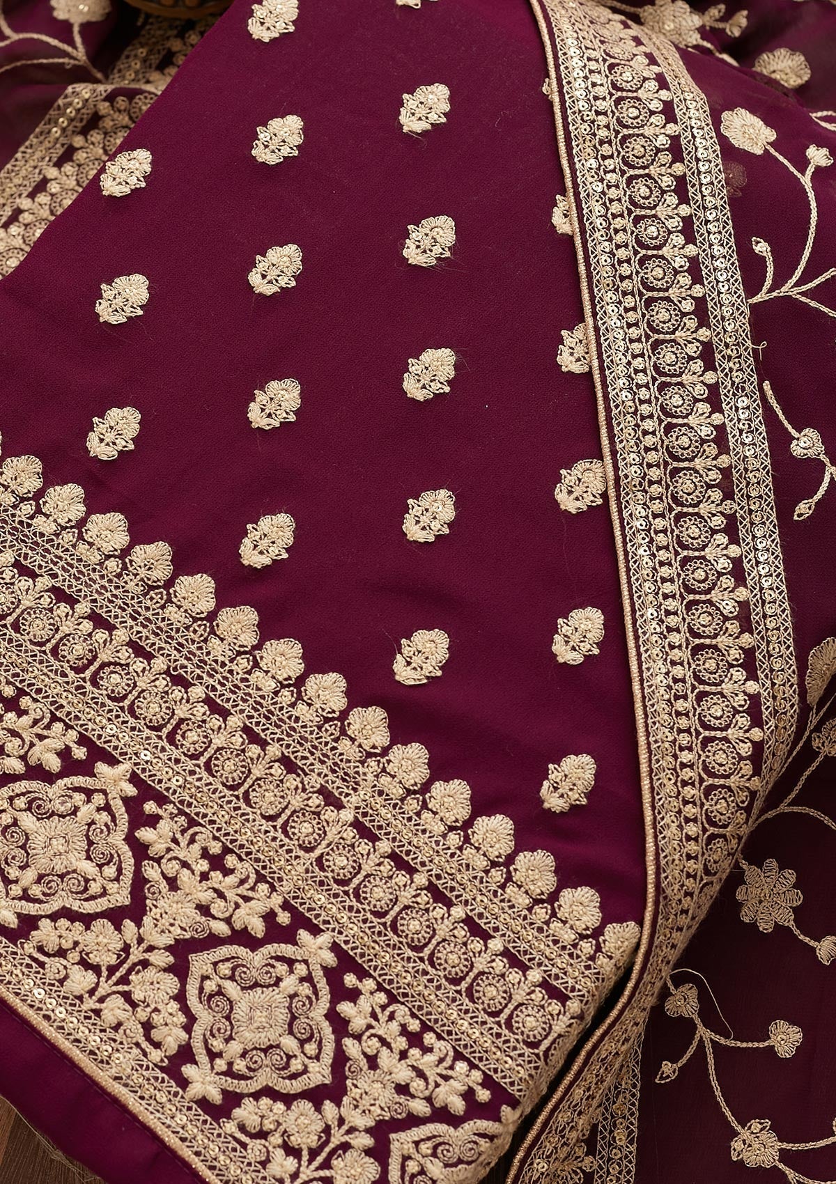 Wine Threadwork Georgette  Unstitched Salwar Suit - Koskii