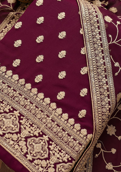 Wine Threadwork Georgette  Unstitched Salwar Suit - Koskii