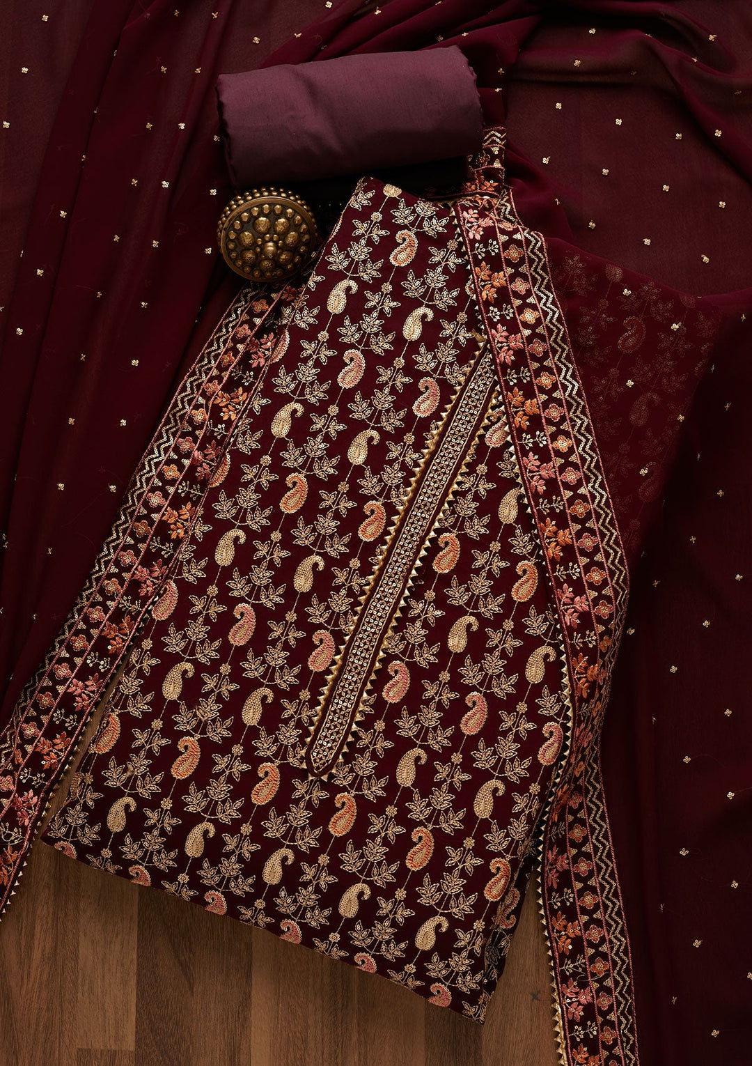 Wine Threadwork Georgette Unstitched Salwar Suit-Koskii