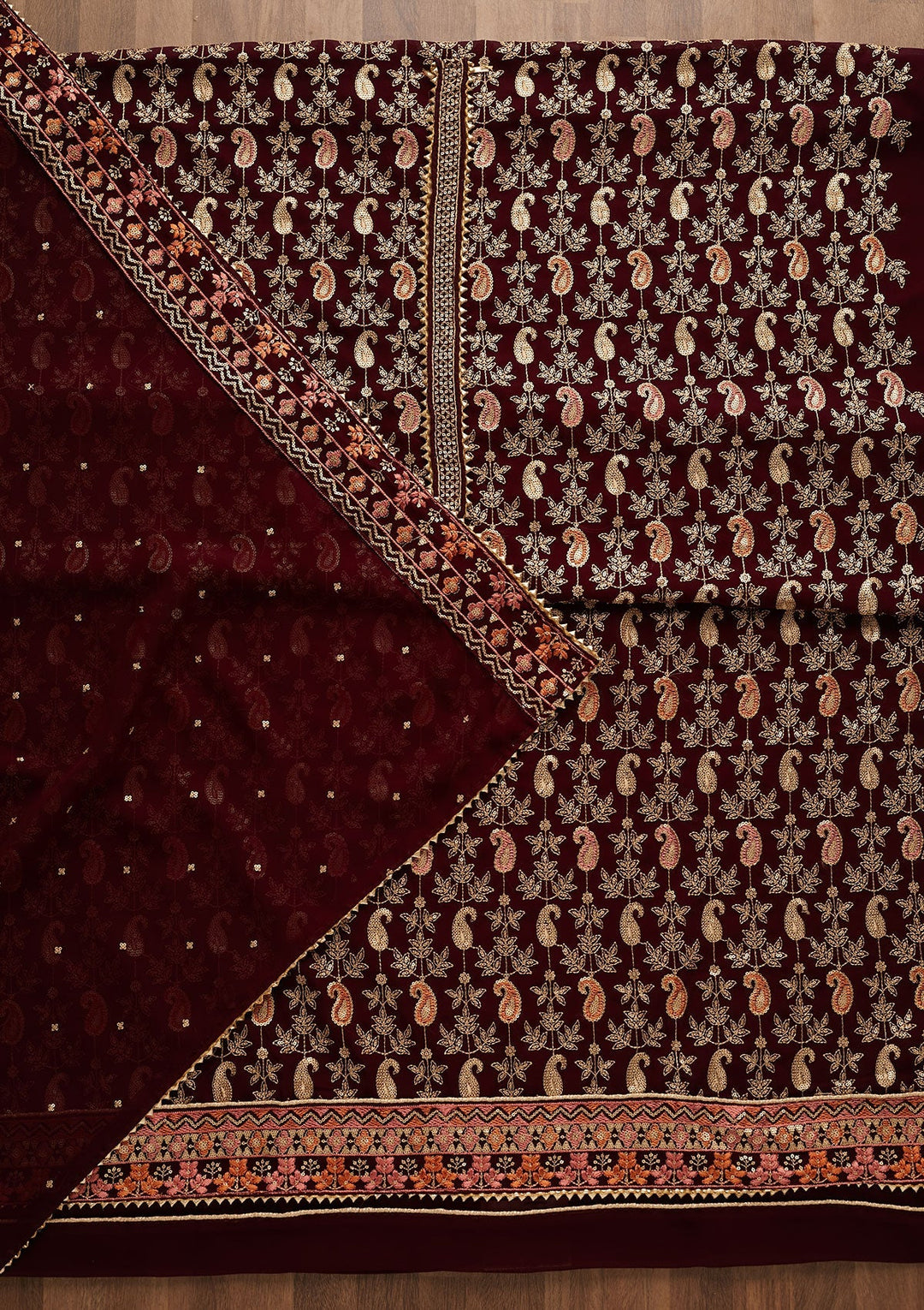 Wine Threadwork Georgette Unstitched Salwar Suit-Koskii