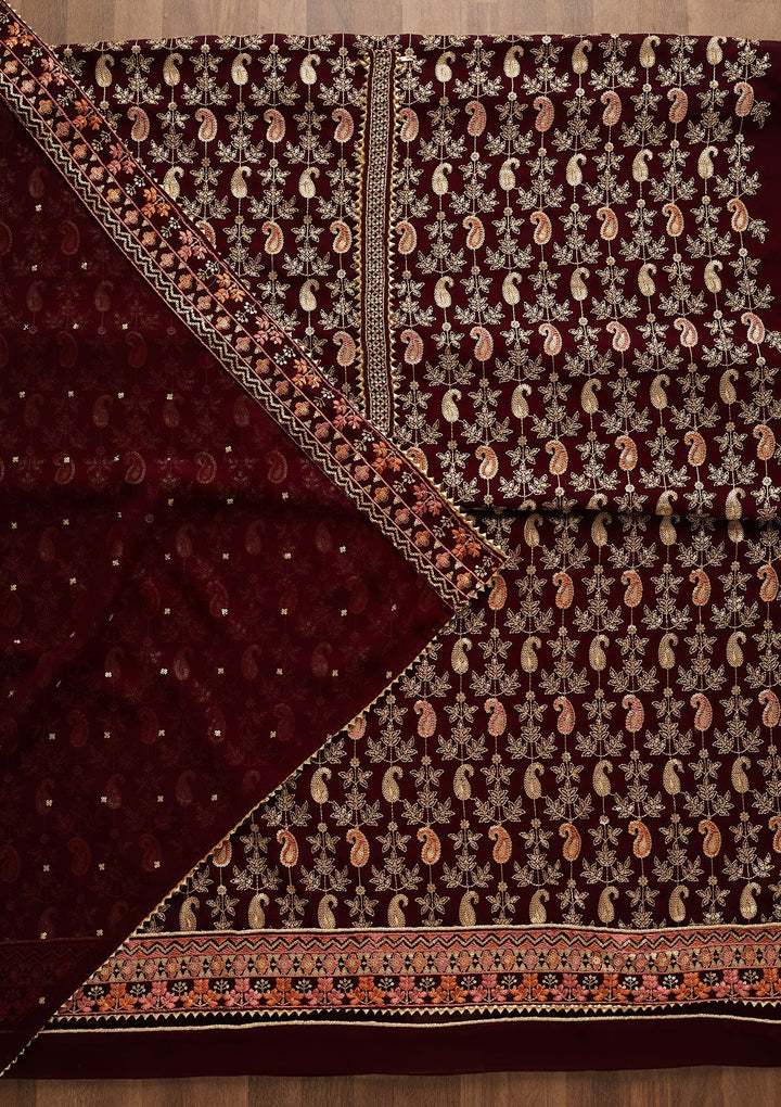 Wine Threadwork Georgette Unstitched Salwar Suit-Koskii