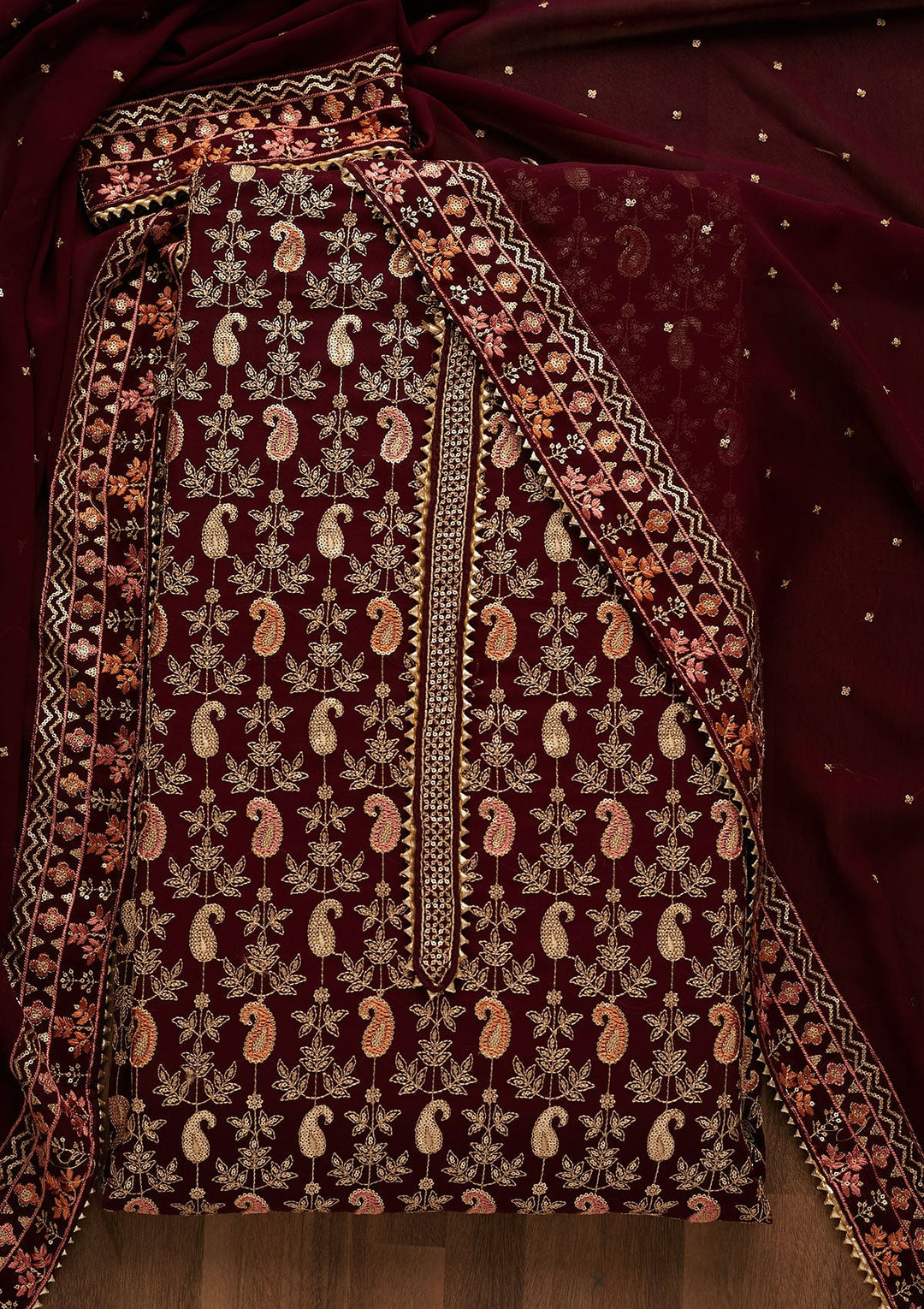 Wine Threadwork Georgette Unstitched Salwar Suit-Koskii