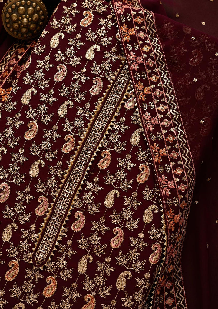 Wine Threadwork Georgette Unstitched Salwar Suit-Koskii