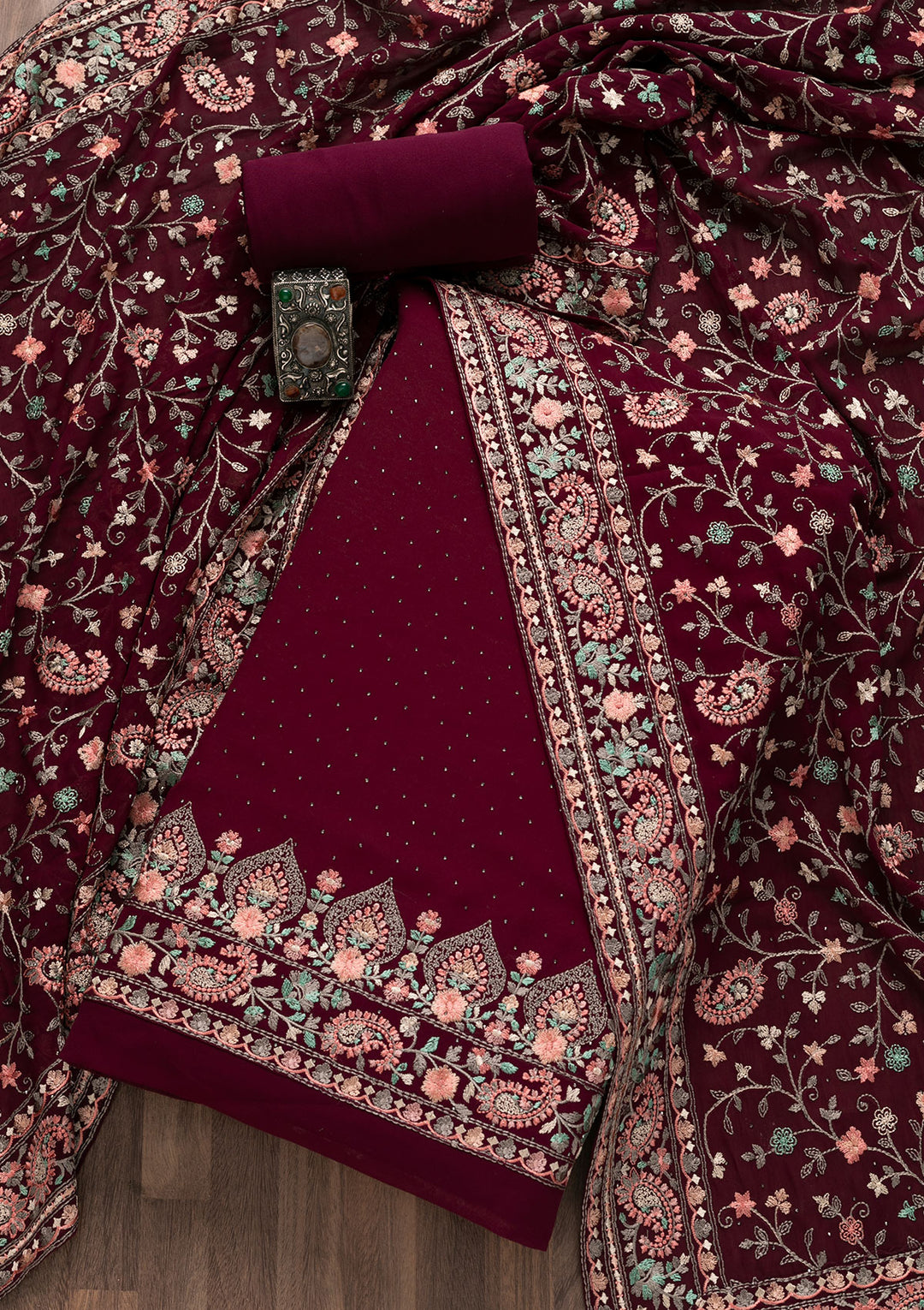Wine Threadwork Georgette Unstitched Salwar Suit-Koskii