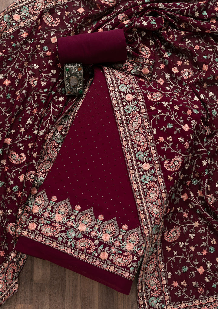 Wine Threadwork Georgette Unstitched Salwar Suit-Koskii