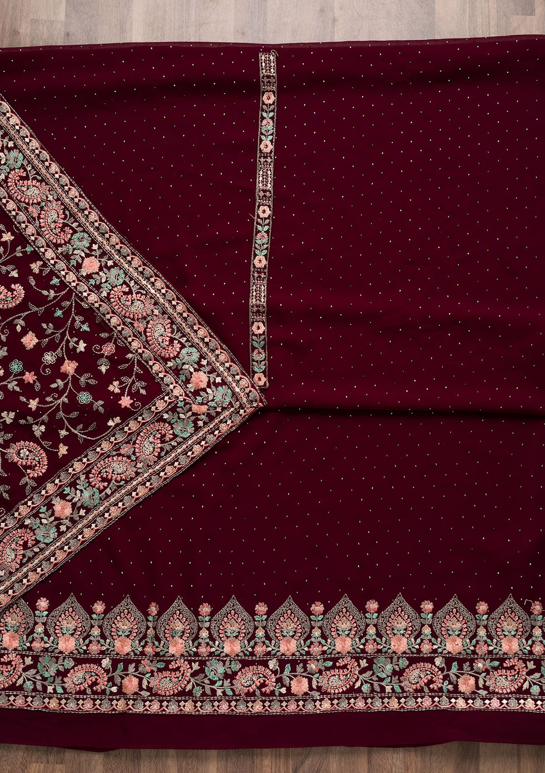 Wine Threadwork Georgette Unstitched Salwar Suit-Koskii