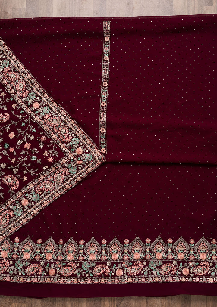 Wine Threadwork Georgette Unstitched Salwar Suit-Koskii