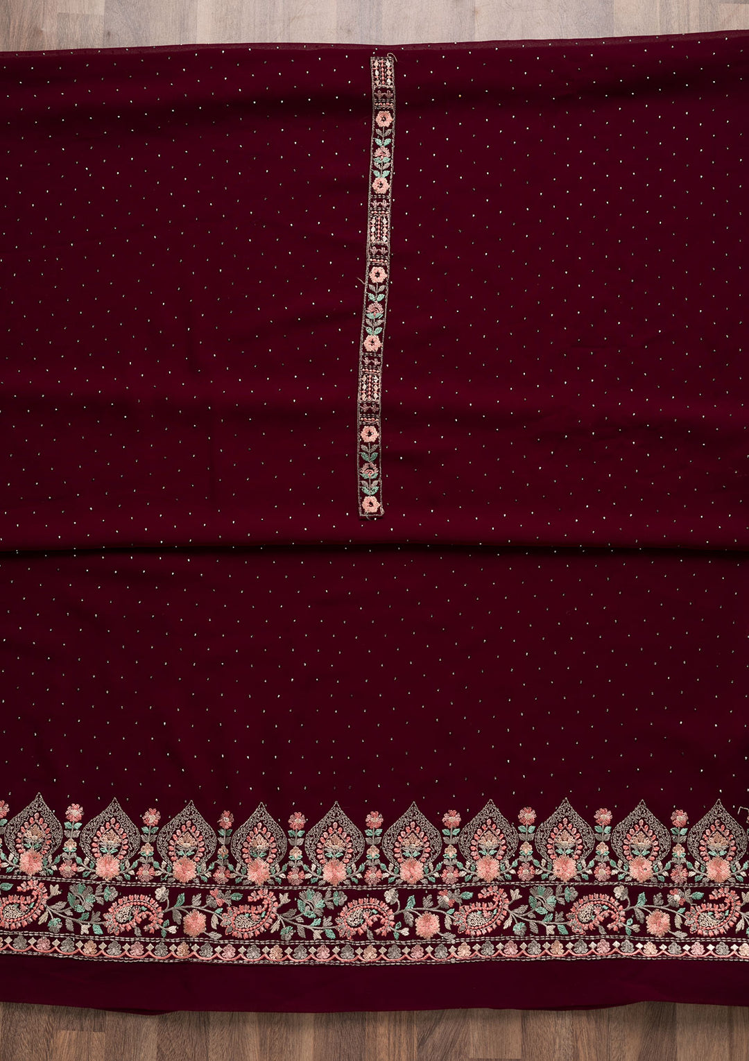 Wine Threadwork Georgette Unstitched Salwar Suit-Koskii