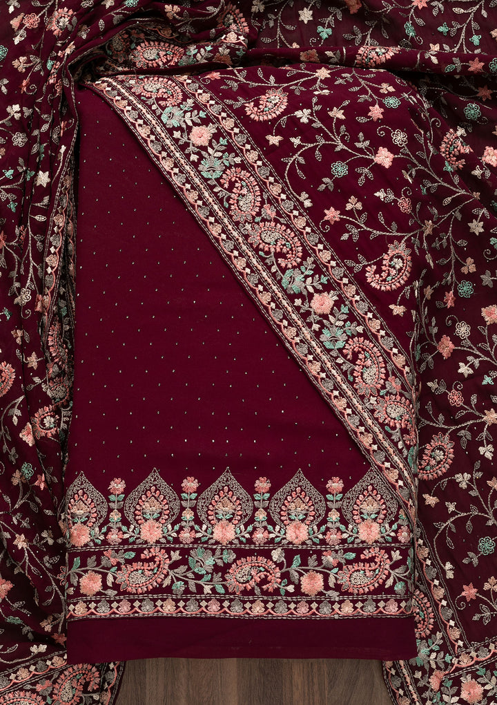 Wine Threadwork Georgette Unstitched Salwar Suit-Koskii