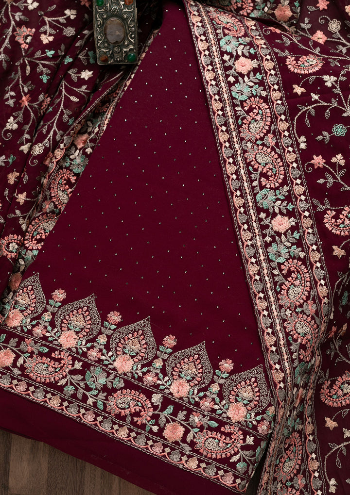 Wine Threadwork Georgette Unstitched Salwar Suit-Koskii