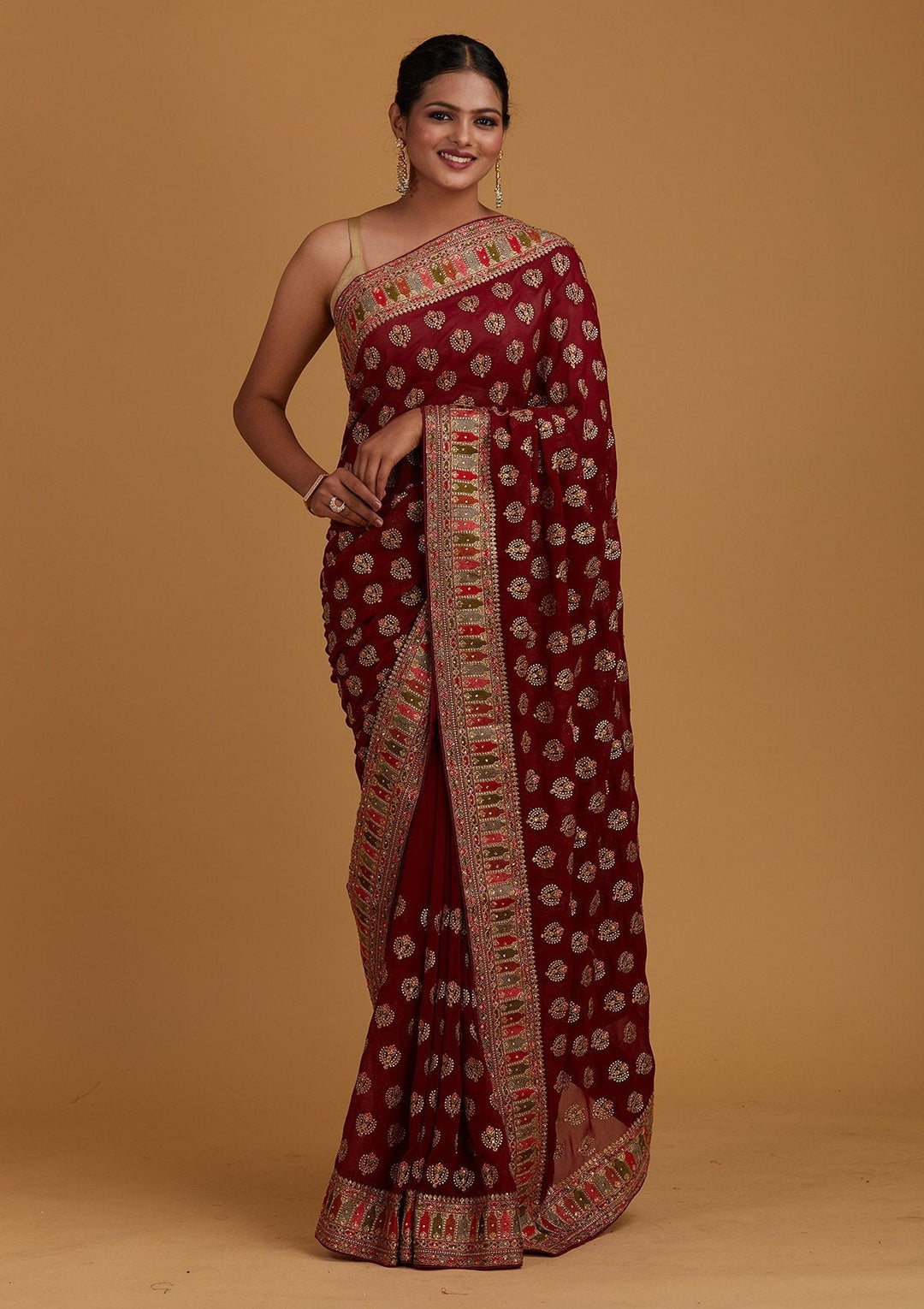 Wine Threadwork Georgette Designer Saree - Koskii