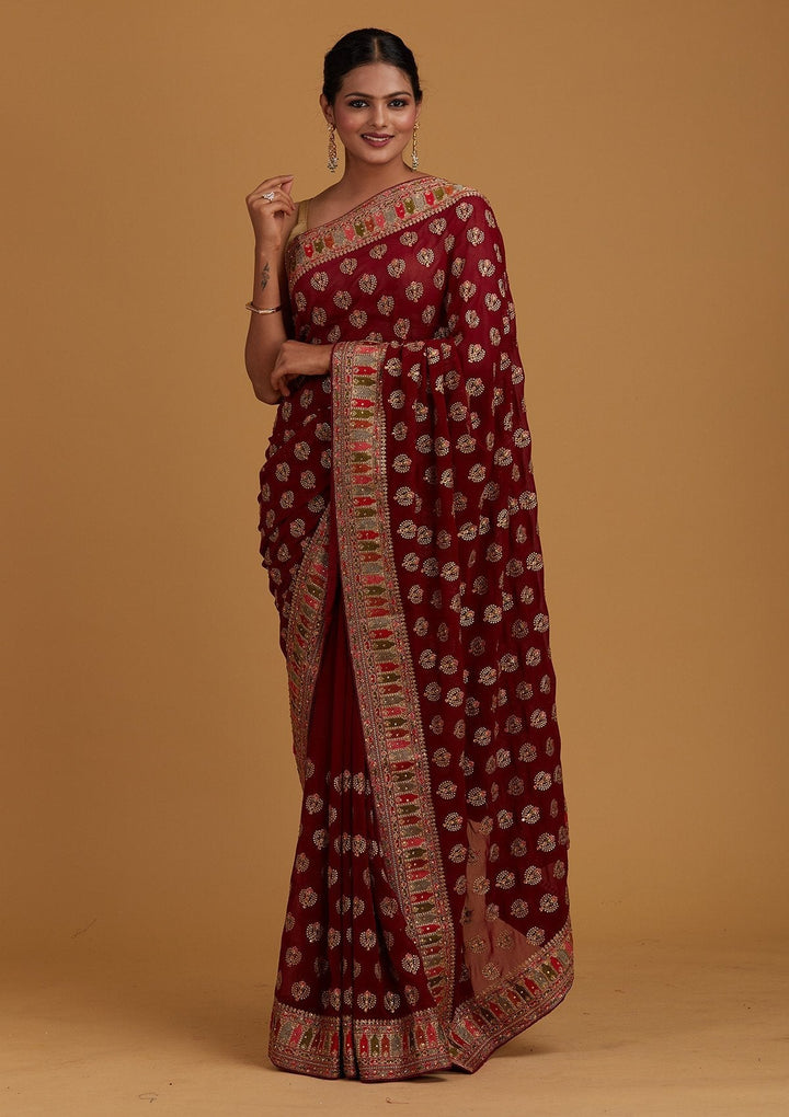 Wine Threadwork Georgette Designer Saree - Koskii
