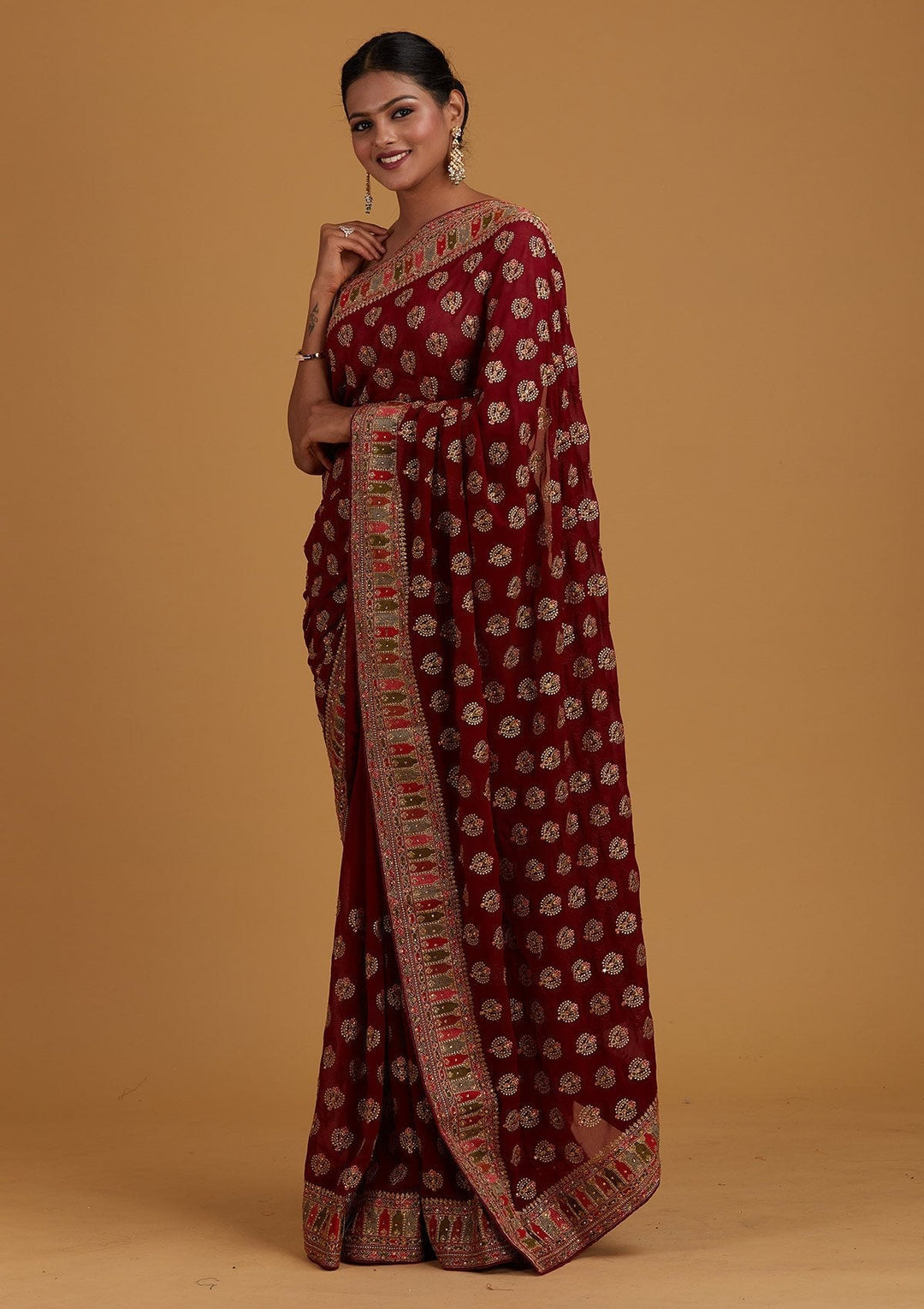 Wine Threadwork Georgette Designer Saree - Koskii