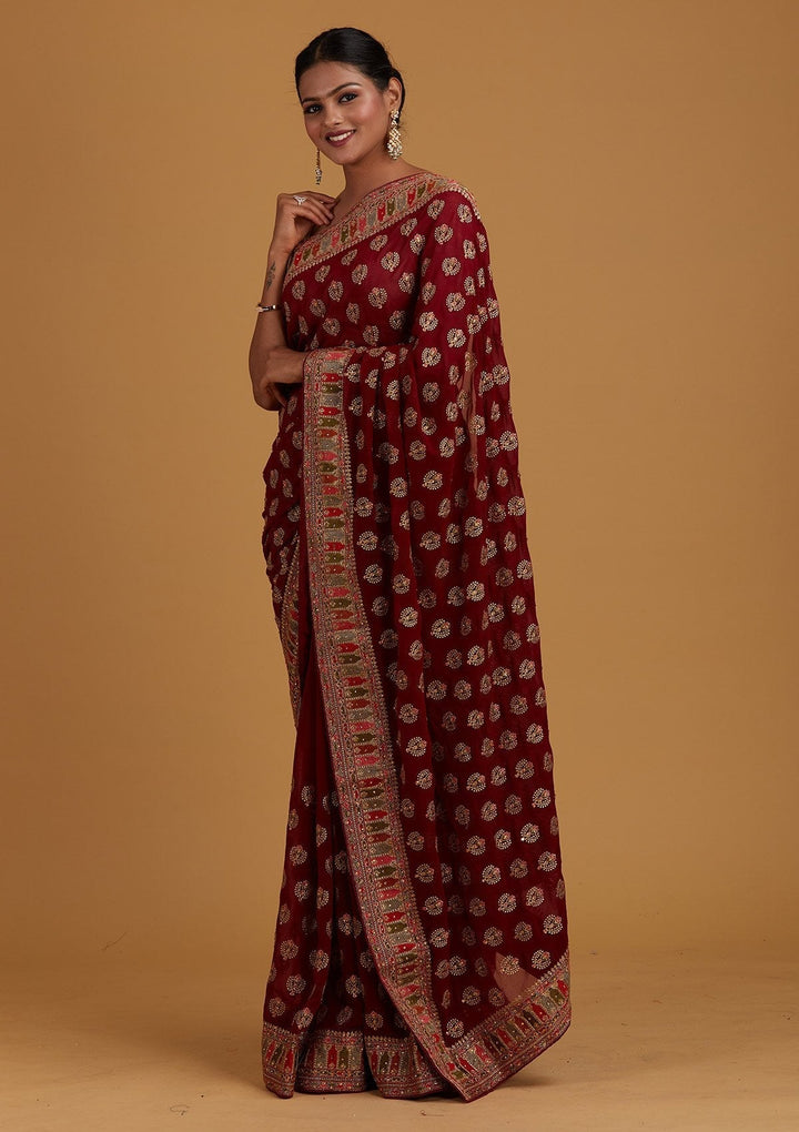 Wine Threadwork Georgette Designer Saree - Koskii