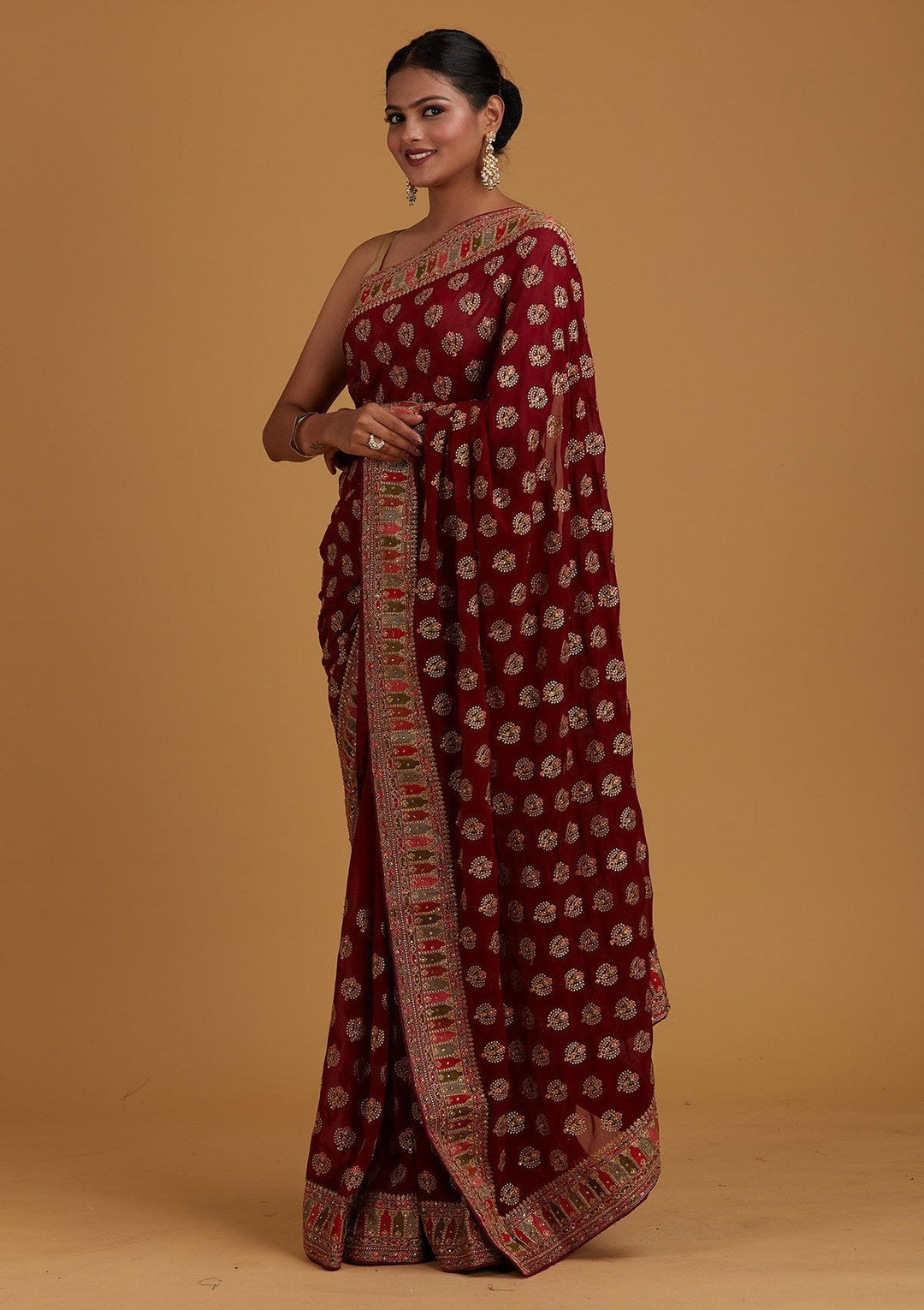 Wine Threadwork Georgette Designer Saree - Koskii