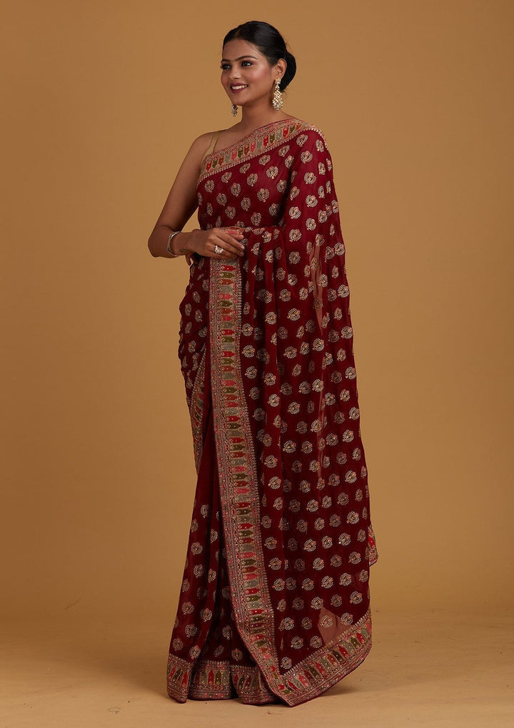 Wine Threadwork Georgette Designer Saree - Koskii