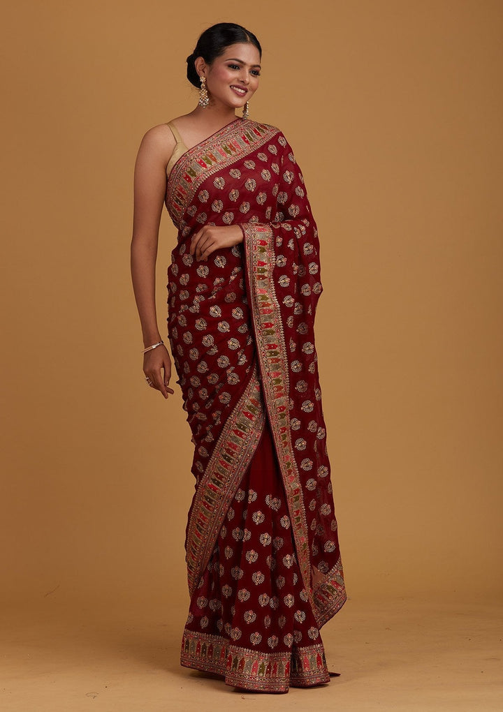 Wine Threadwork Georgette Designer Saree - Koskii