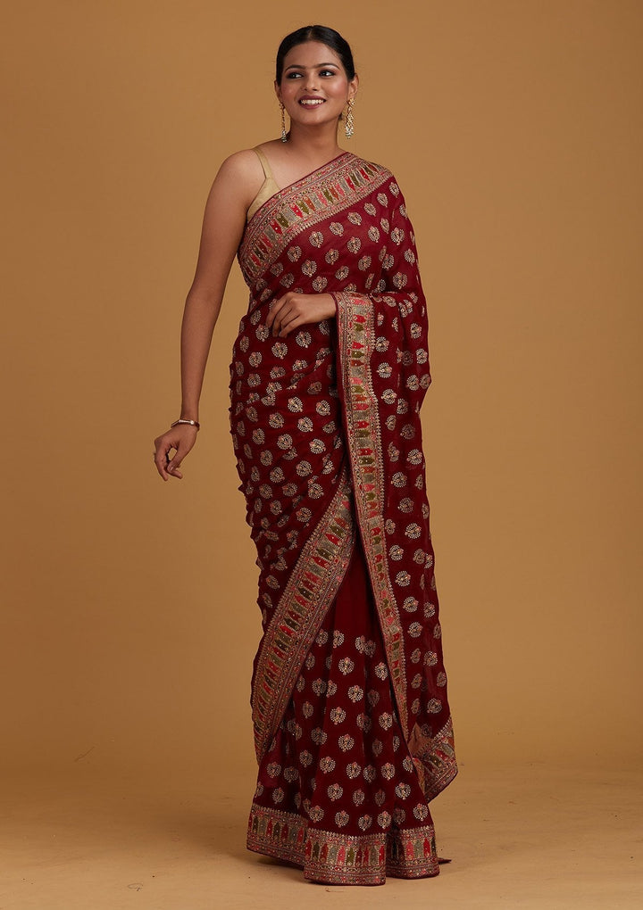 Wine Threadwork Georgette Designer Saree - Koskii