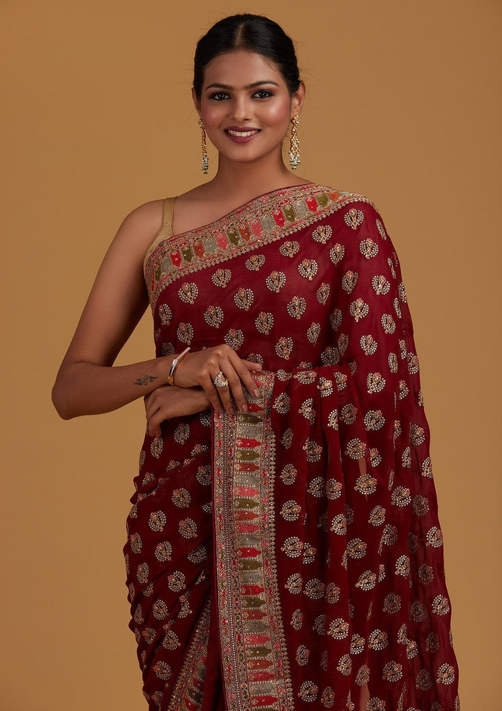 Wine Threadwork Georgette Designer Saree - Koskii
