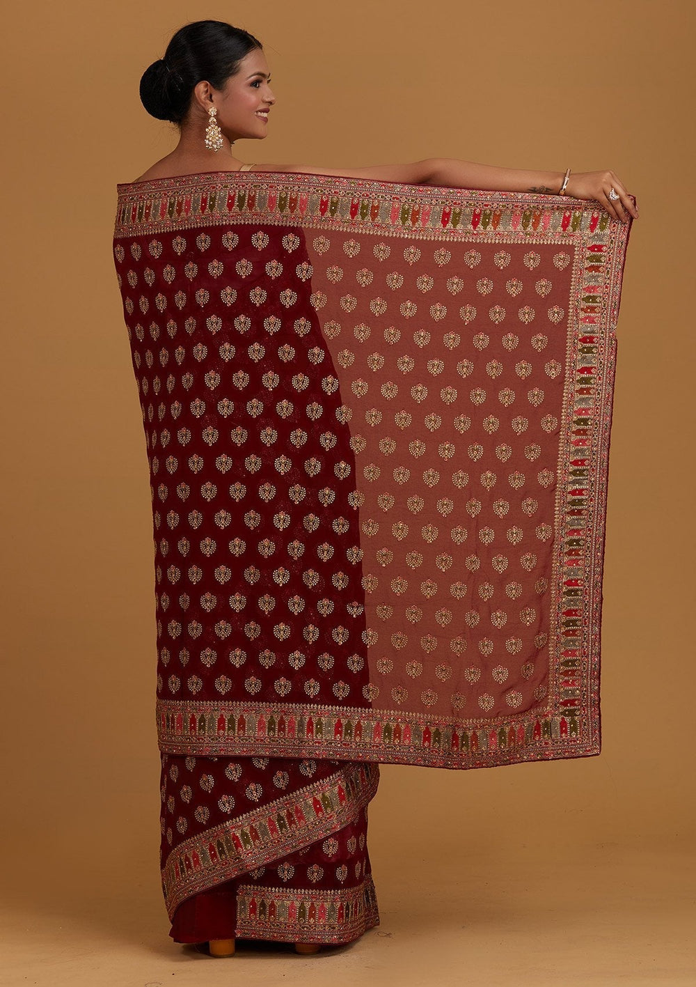 Wine Threadwork Georgette Designer Saree - Koskii