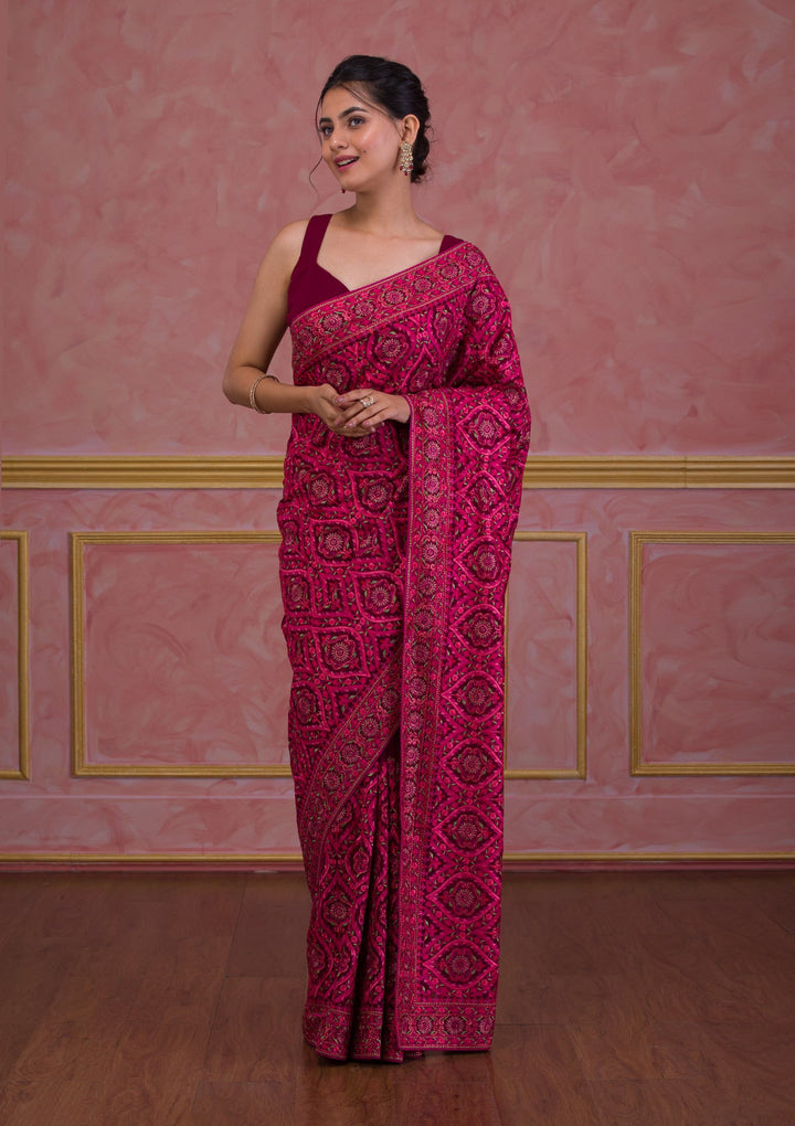 Wine Threadwork Georgette Saree-Koskii