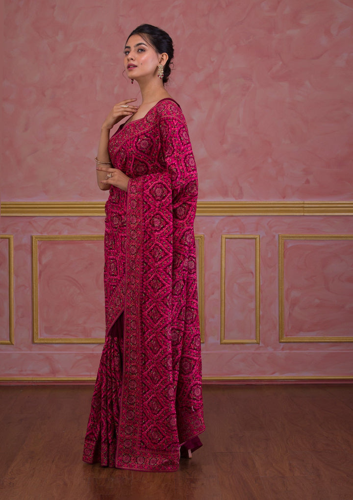 Wine Threadwork Georgette Saree-Koskii