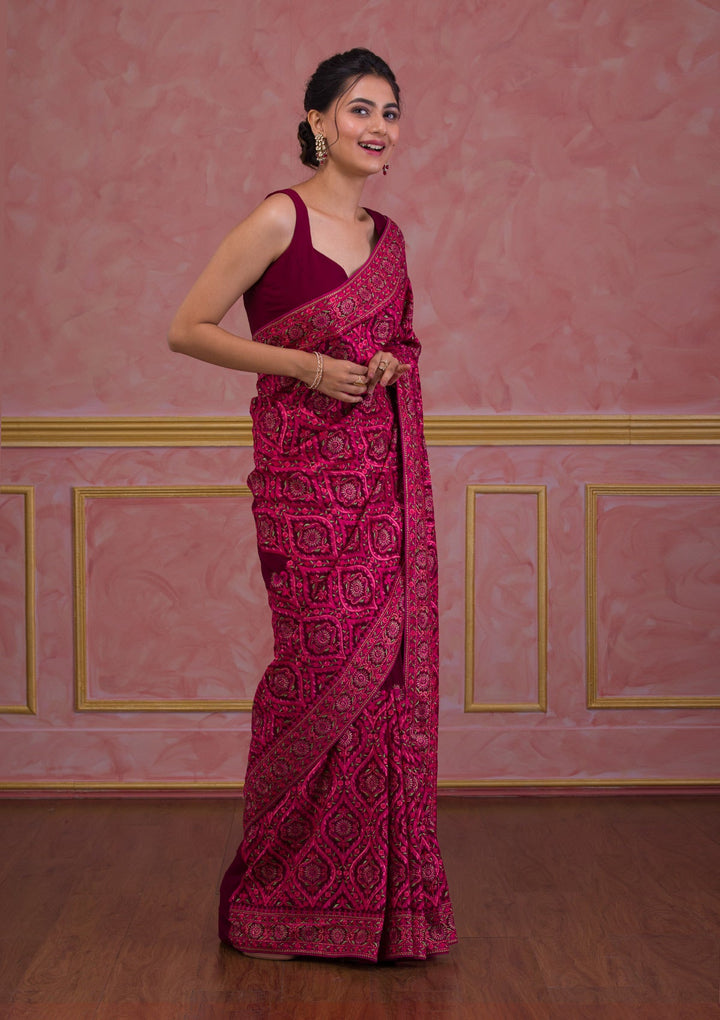 Wine Threadwork Georgette Saree-Koskii