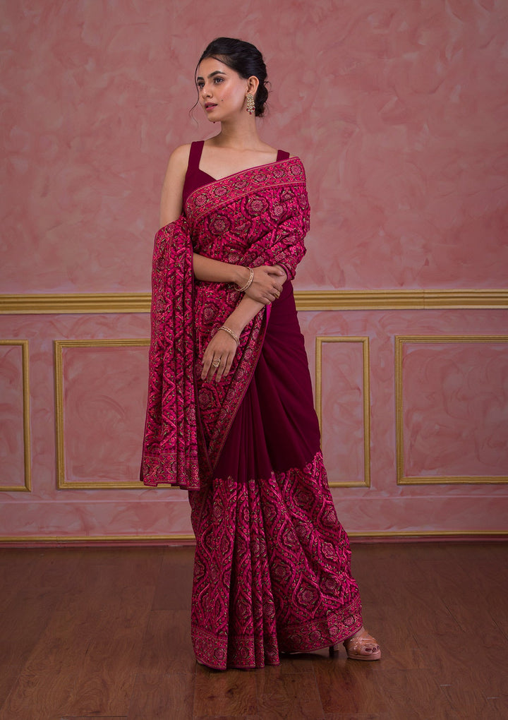 Wine Threadwork Georgette Saree-Koskii