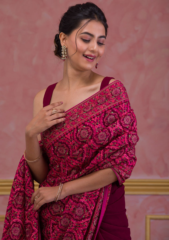 Wine Threadwork Georgette Saree-Koskii