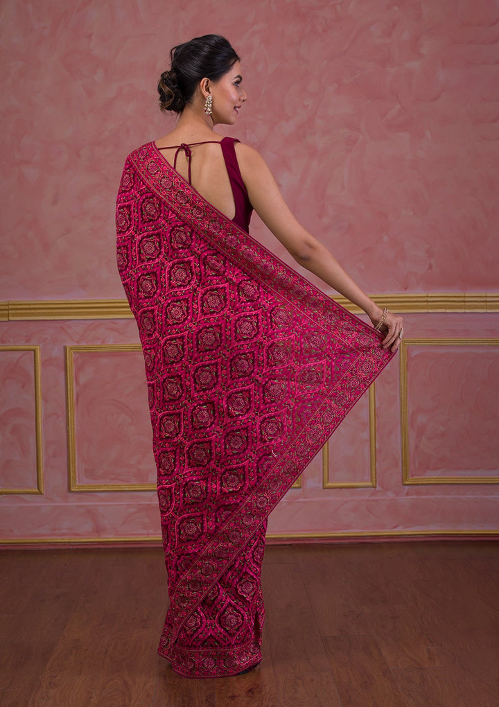 Wine Threadwork Georgette Saree-Koskii