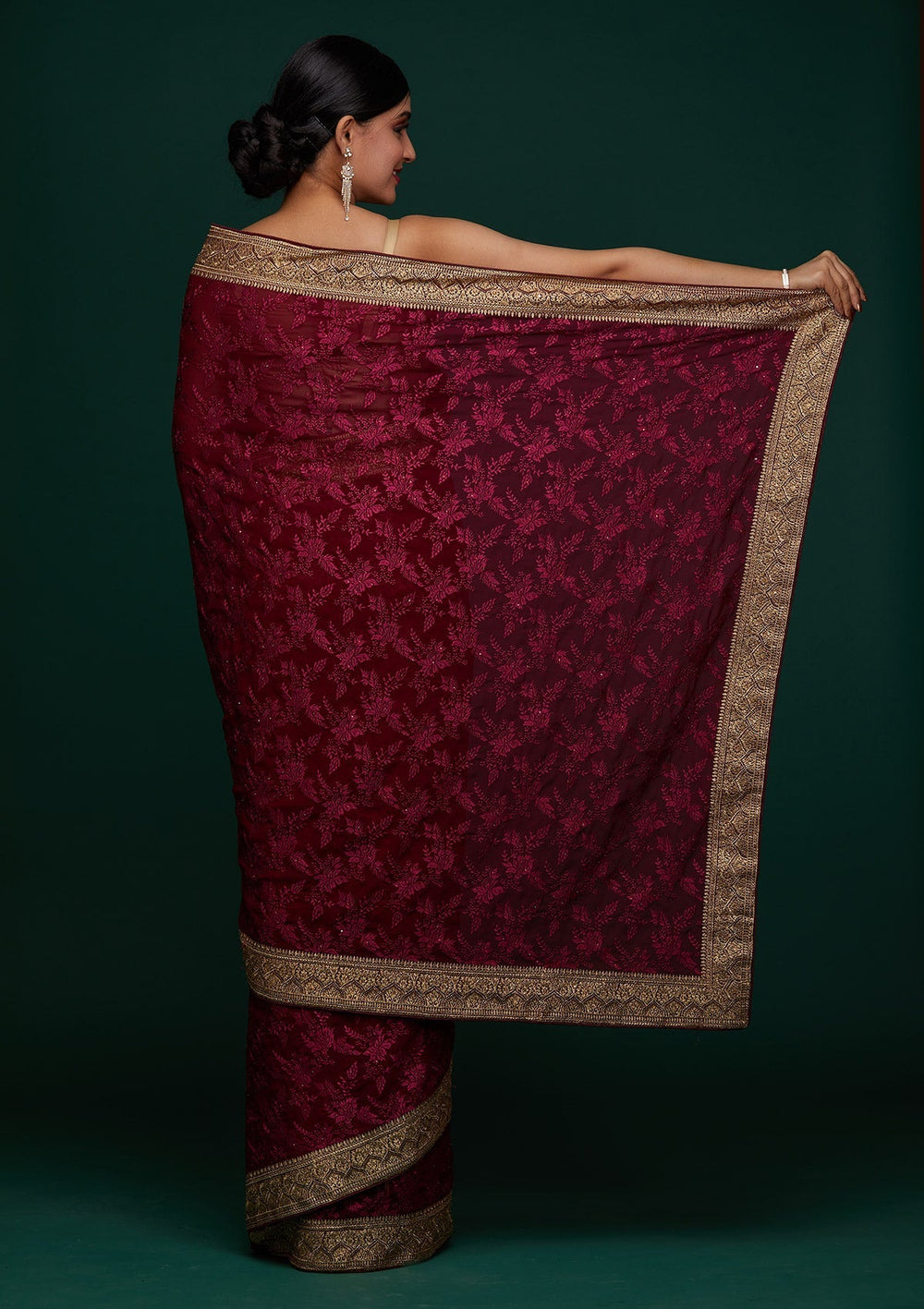 Wine Threadwork Georgette Designer Saree - Koskii