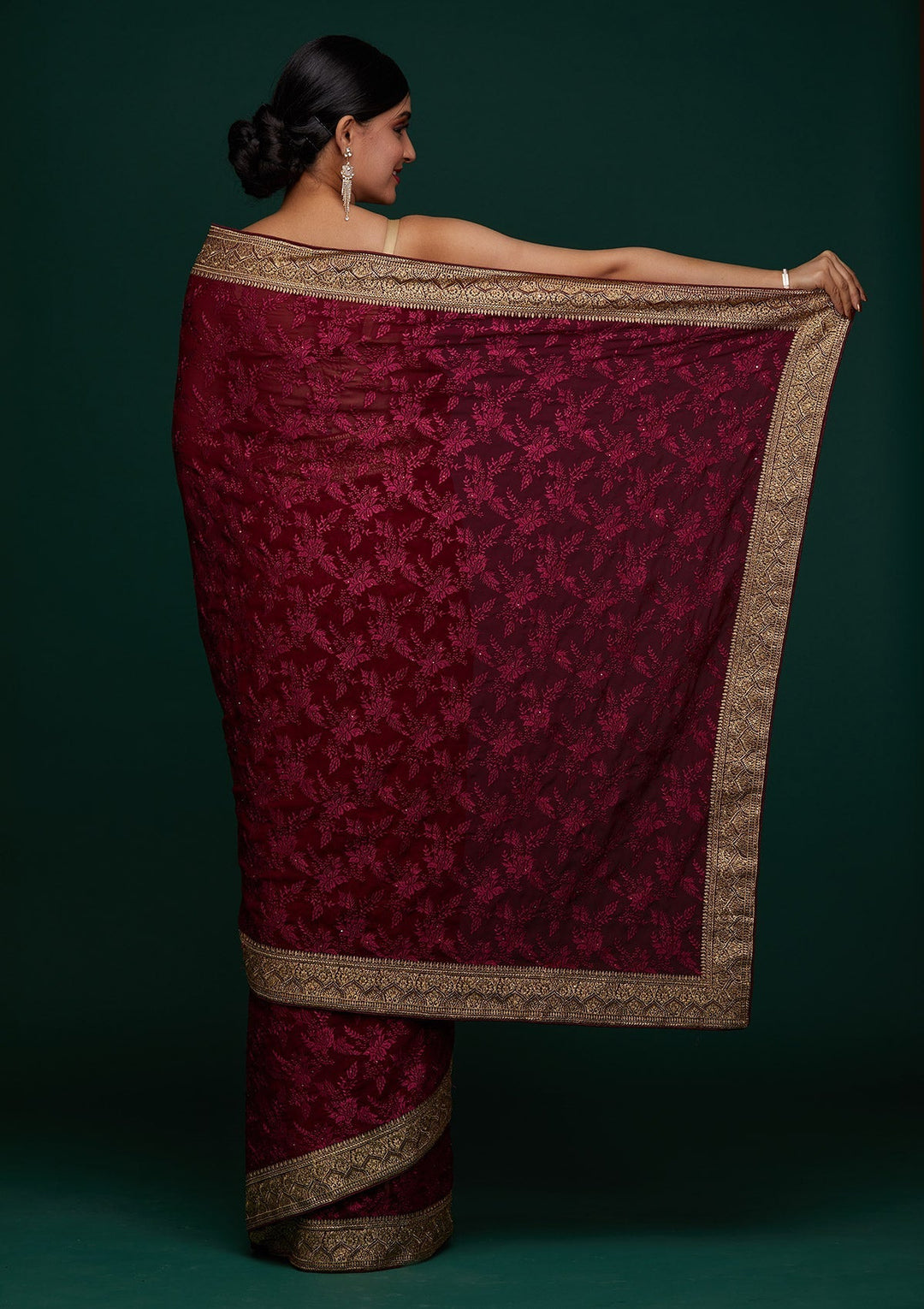 Wine Threadwork Georgette Designer Saree - Koskii
