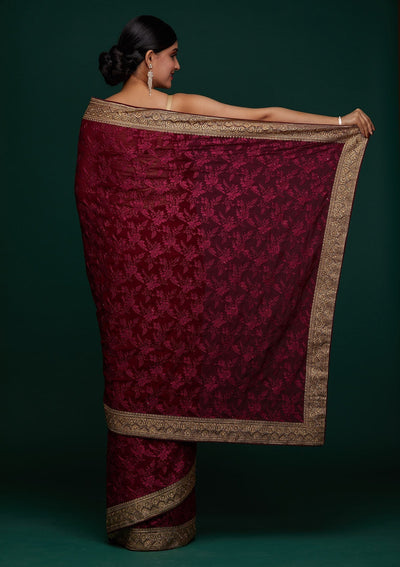 Wine Threadwork Georgette Designer Saree - Koskii