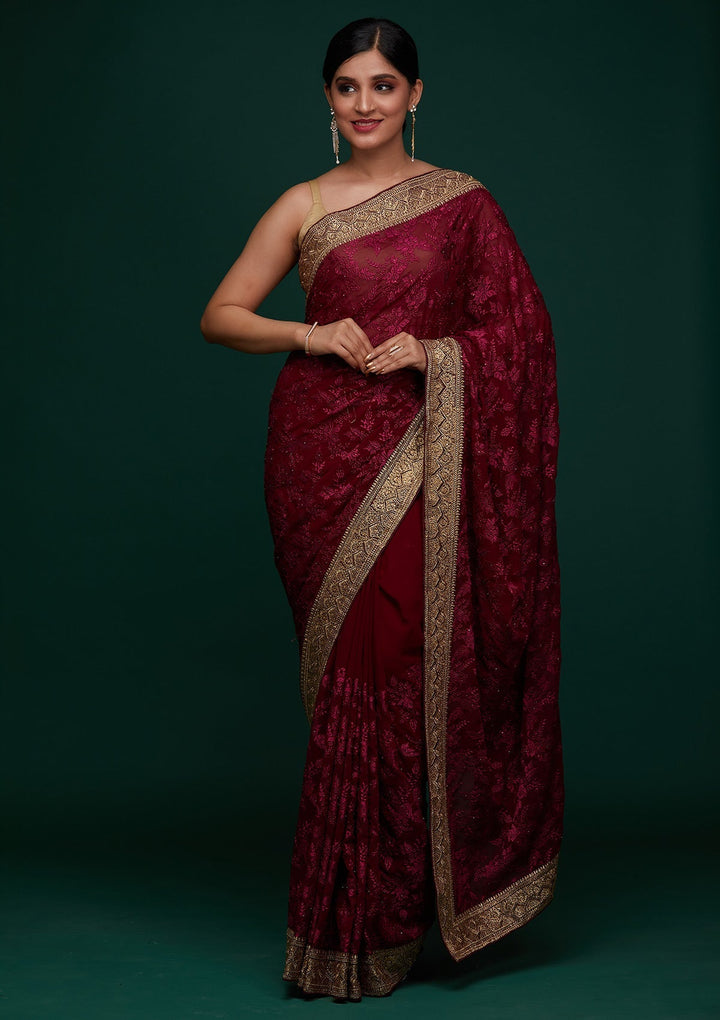 Wine Threadwork Georgette Designer Saree - Koskii
