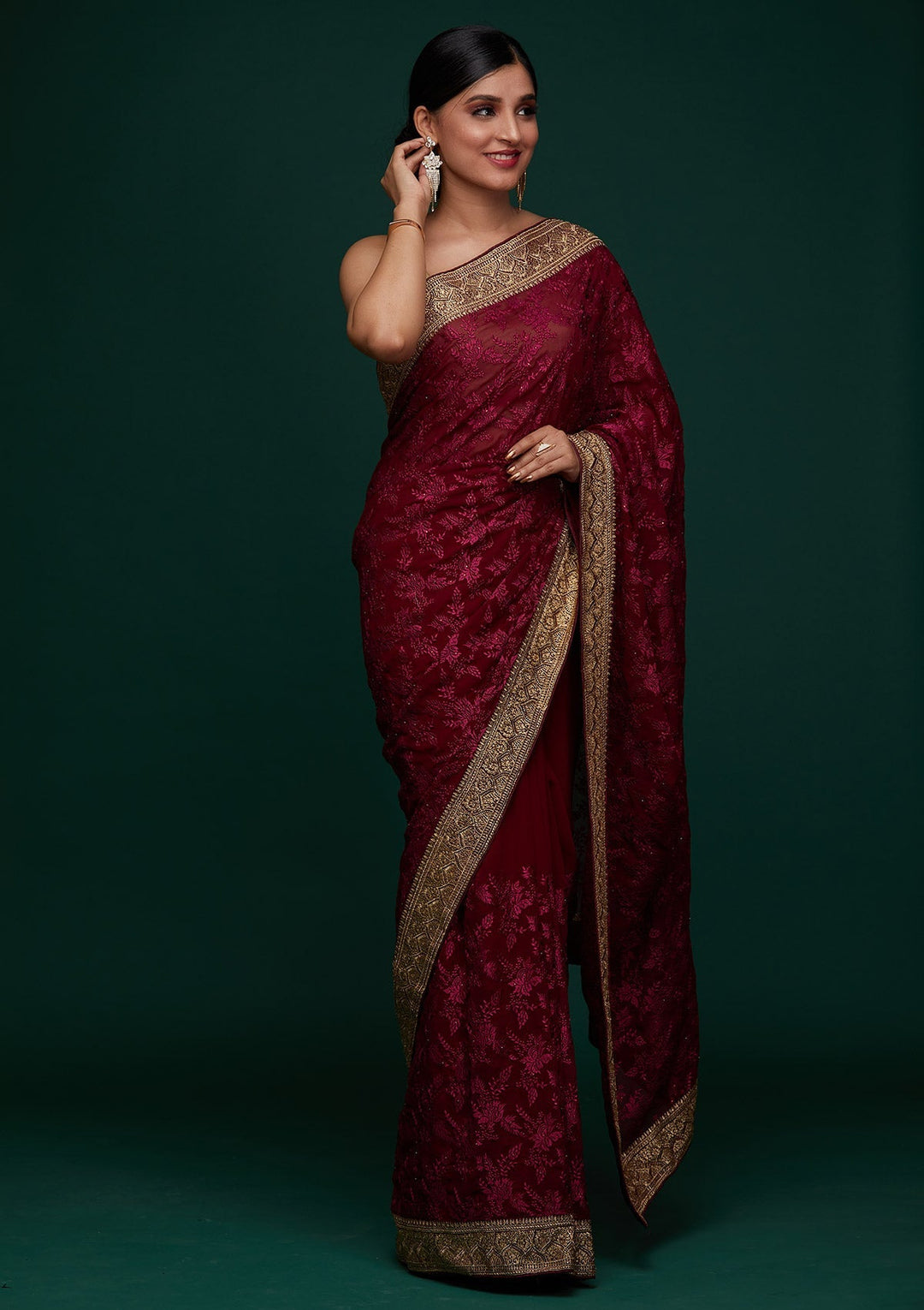 Wine Threadwork Georgette Designer Saree - Koskii