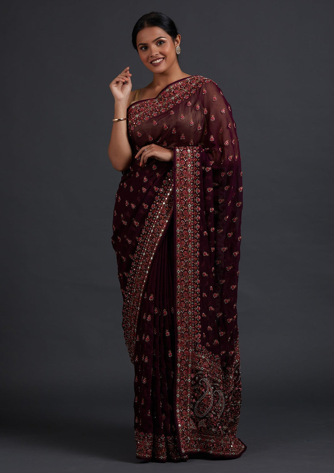 Wine Threadwork Georgette Designer Saree - Koskii