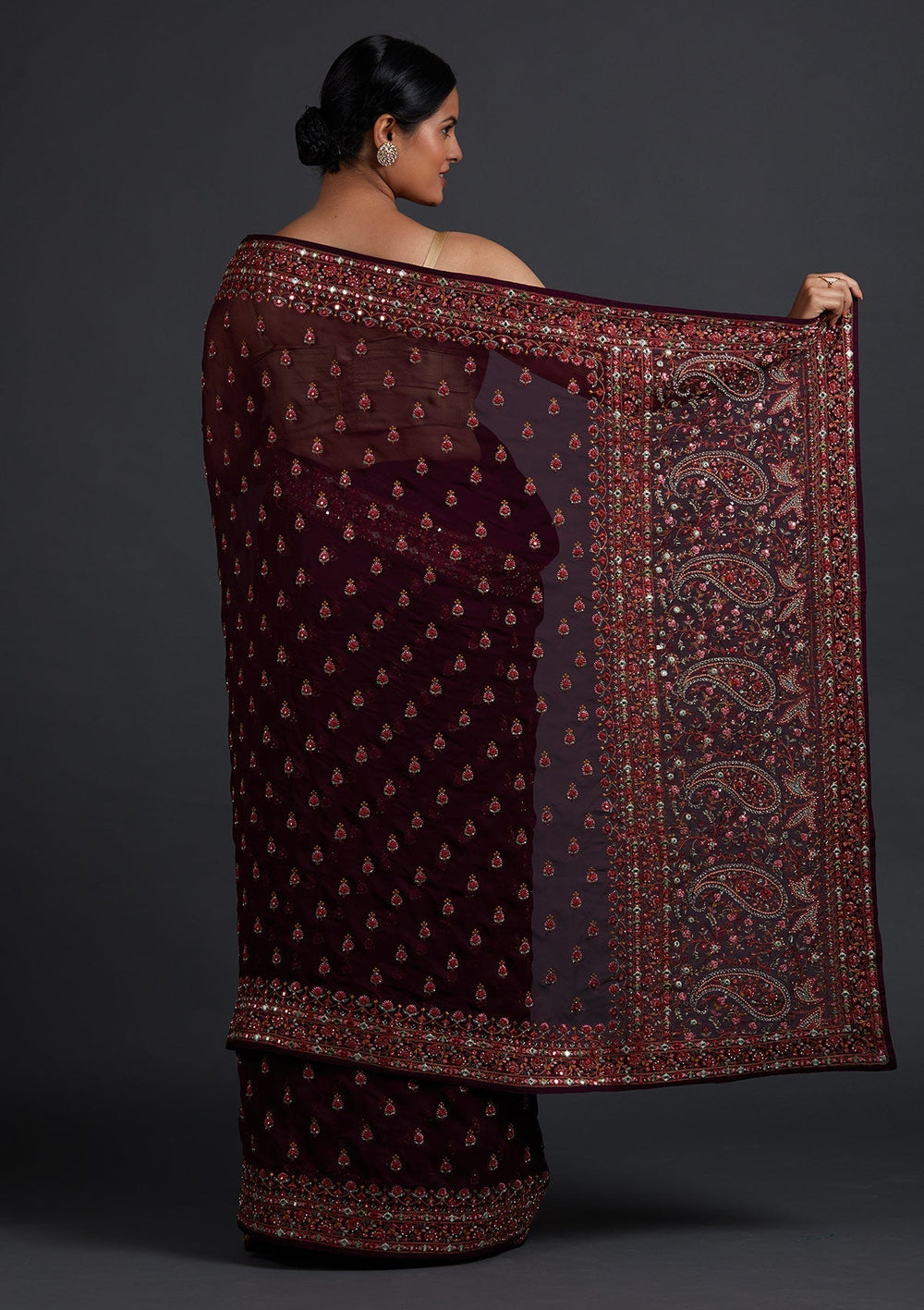 Wine Threadwork Georgette Designer Saree - Koskii