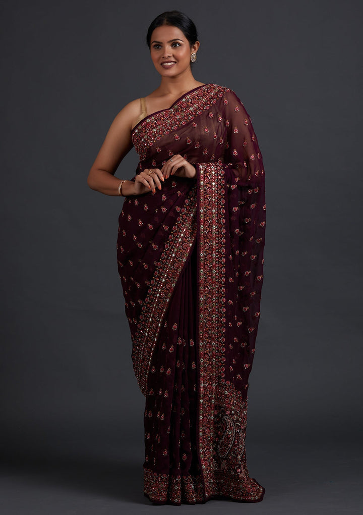 Wine Threadwork Georgette Designer Saree - Koskii