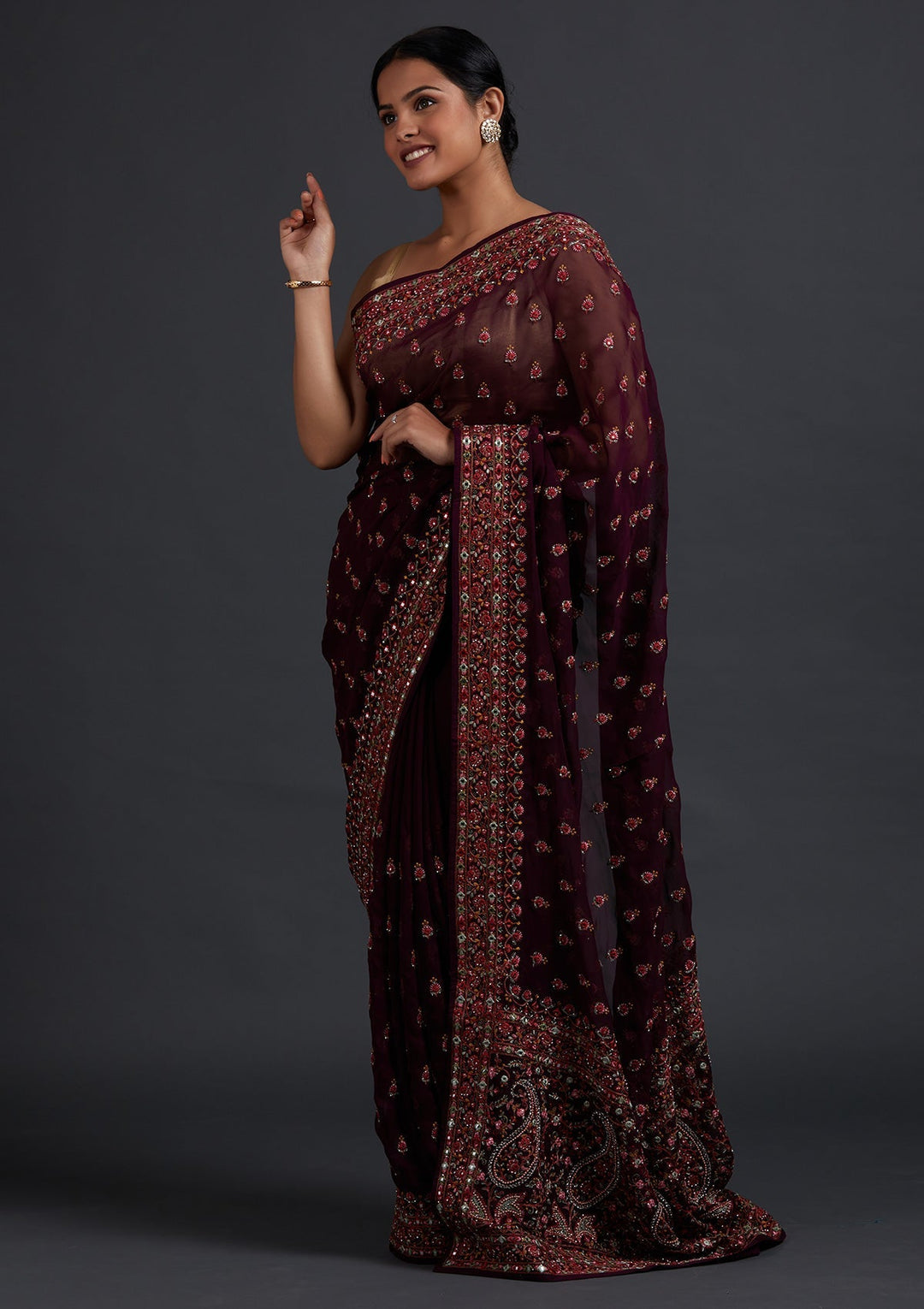 Wine Threadwork Georgette Designer Saree - Koskii