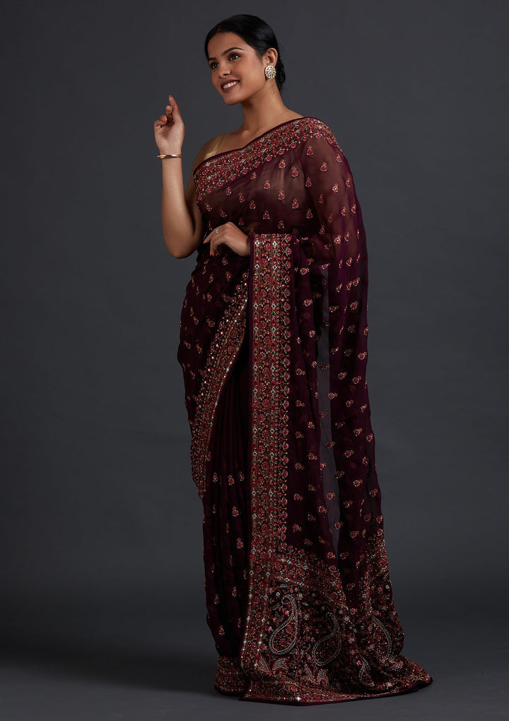 Wine Threadwork Georgette Designer Saree - Koskii
