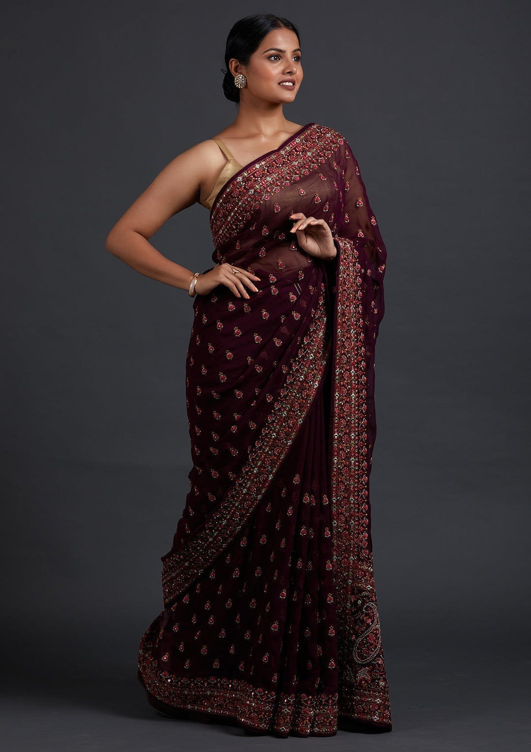 Wine Threadwork Georgette Designer Saree - Koskii