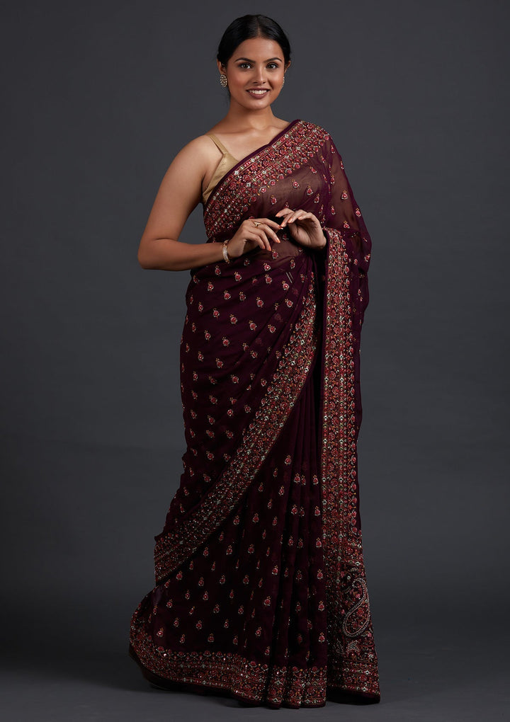 Wine Threadwork Georgette Designer Saree - Koskii