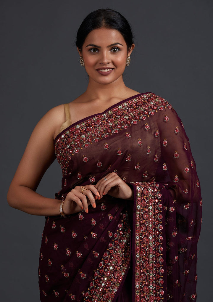 Wine Threadwork Georgette Designer Saree - Koskii